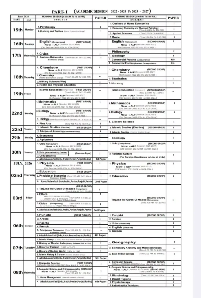 11th Class Date Sheet 2026 Punjab Boards